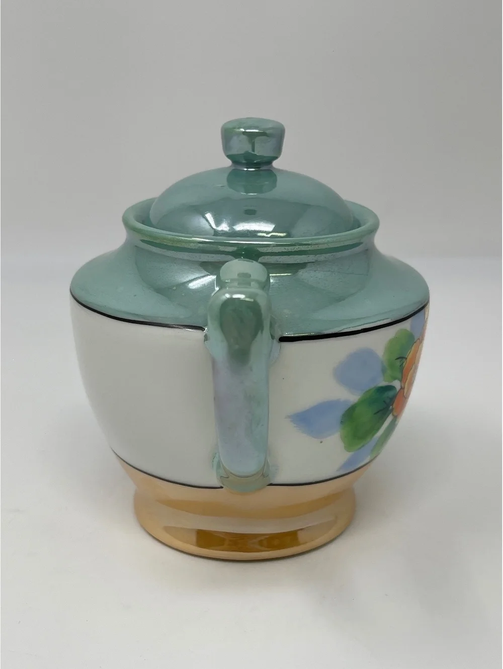 Vintage Lusterware Covered Sugar Bowl Hand Painted Floral Green Maple Ware Japan